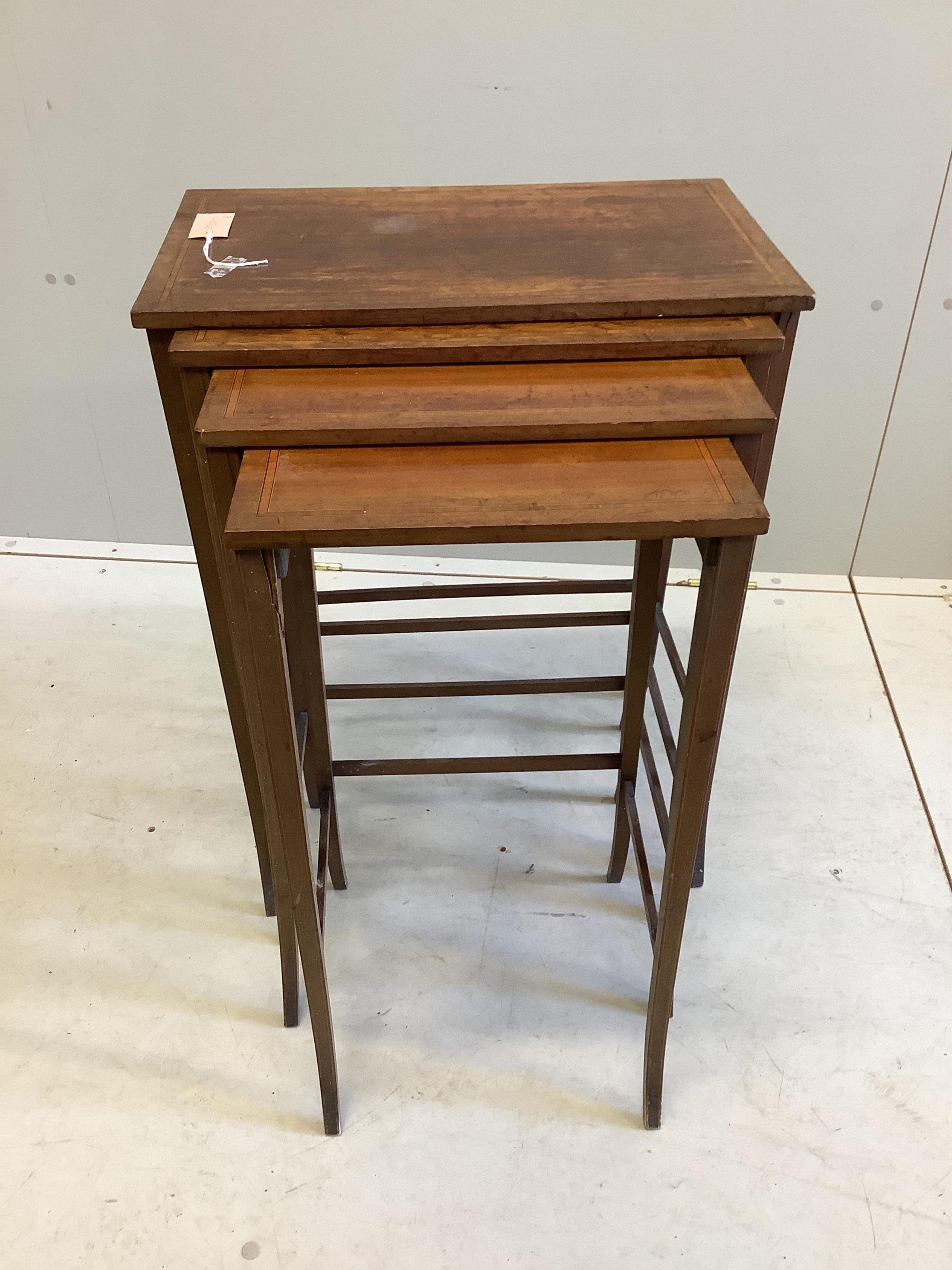 A quartetto of Edwardian satinwood banded mahogany tea tables, on splayed legs, width 54cm, depth 33cm, height 71cm (in need of repair)